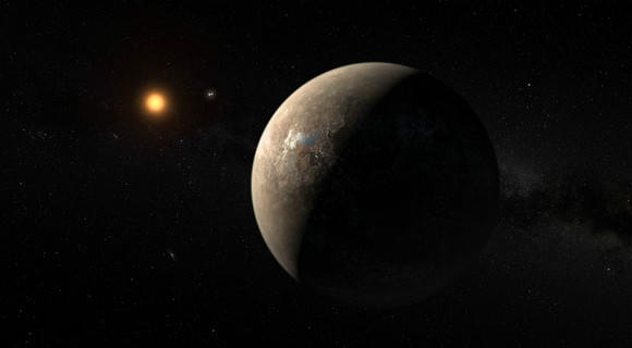 This artist’s impression shows the planet Proxima b orbiting the red dwarf star Proxima Centauri, the closest star to the Solar System. 