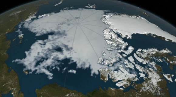 Visualization of Arctic sea ice extent on Aug. 13, 2016. (Image By: NASA Goddard's Scientific Visualization Studio)