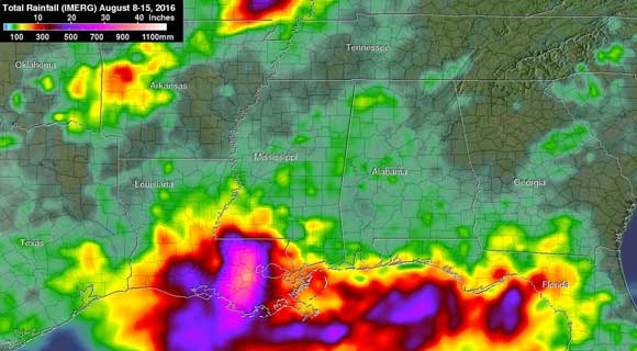 NASA's IMERG data from Aug. 8 to Aug. 15, 2016 showed over 20 inches (508 mm) of rainfall was estimated in large areas of southeastern Louisiana and extreme southern Mississippi. Even greater rainfall totals of 30 inches (762 mm) were indicated in a small area of Louisiana west of Lake Pontchartrain. (NASA/JAXA, Hal Pierce image) 