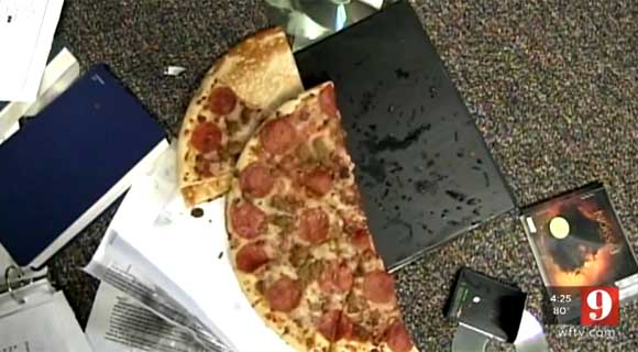 Rockledge police said a 12-and a 13-year-old were responsible for vandalizing a youth house at a church, causing thousands of dollar in damage. The youths were caught because they left pizza behind at Grace Fellowship Church, and police were able to trace the order. (WFTV video image)