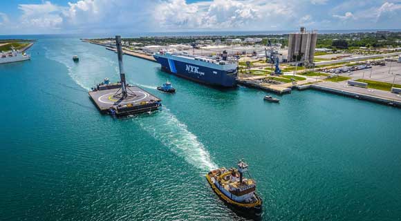 The first stage of SpaceX's Falcon 9 rocket sailing into Port Canaveral, just three days after its launch from the Cape Canaveral Air Force Station – and what a gorgeous sight it was - welcome back! (Port Canaveral image)