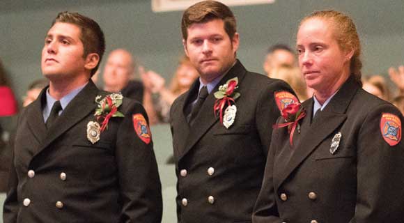 "Distinguished " award winners Brevard County Fire Rescue’s Lieutenant Dale Little, Firemedic Ryan Hammett and Firemedic Cheryl Hecky during the first annual Space Coast Public Service Awards & Hall of Fame Induction Gala at the King Center on September 24. The Space Coast Daily Awards Committee reviewed an incredible list of nominations and recognized more than 100 extraordinary Space Coast Public Servants during this very special event. (Steve Wilson image)