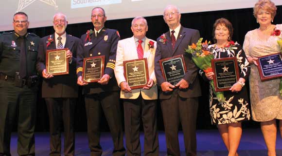 Brevard County Sheriff Wayne Ivey presented the first class of the Space Coast Public Service Hall of Fame, which includes Gary Shiffrin, Mike Lawrence, Robert Waller, Maxwell King, Claude "Jake" Miller and Norman Wolfinger. The first annual Space Coast Public Service Awards & Hall of Fame Induction Gala was held at the King Center on September 24. The Space Coast Daily Awards Committee reviewed an incredible list of nominations and recognized more than 100 extraordinary Space Coast Public Servants during this very special event. (Steve Wilson image)