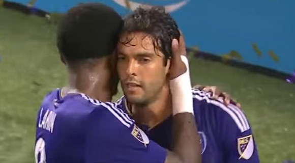 Following his penalty that proved to be the difference vs. New York FC, Kaká celebrates with fellow MLS All-Star, OCSC striker, Cyle Lairn