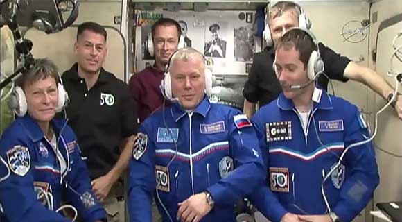 The six-member Expedition 50 crew is comprised of (front row, from left) Peggy Whitson, Oleg Novitskiy and Thomas Pesquet. In the back, from left, are Shane Kimbrough, Sergey Ryzhikov and Andrey Borisenko. (NASA image)