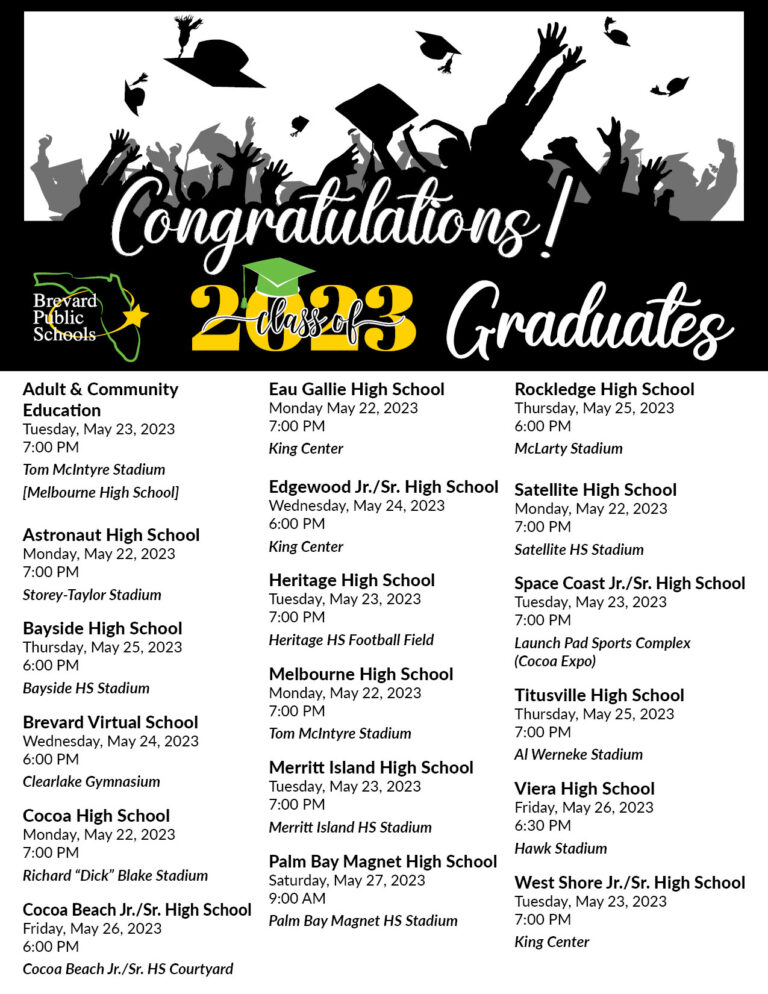 2023 Brevard County Area High School Graduation Ceremony Schedule and