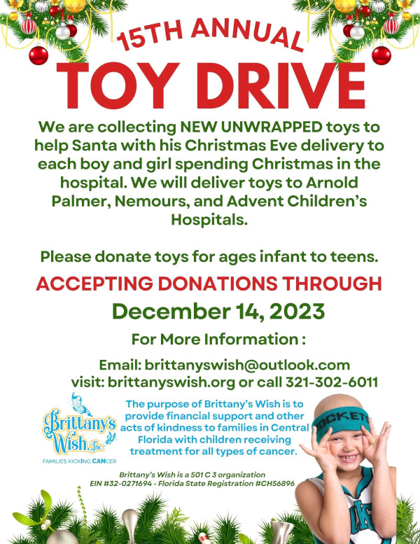 Brittany’s Wish to Hold 15th Annual Toy Drive for Children Spending