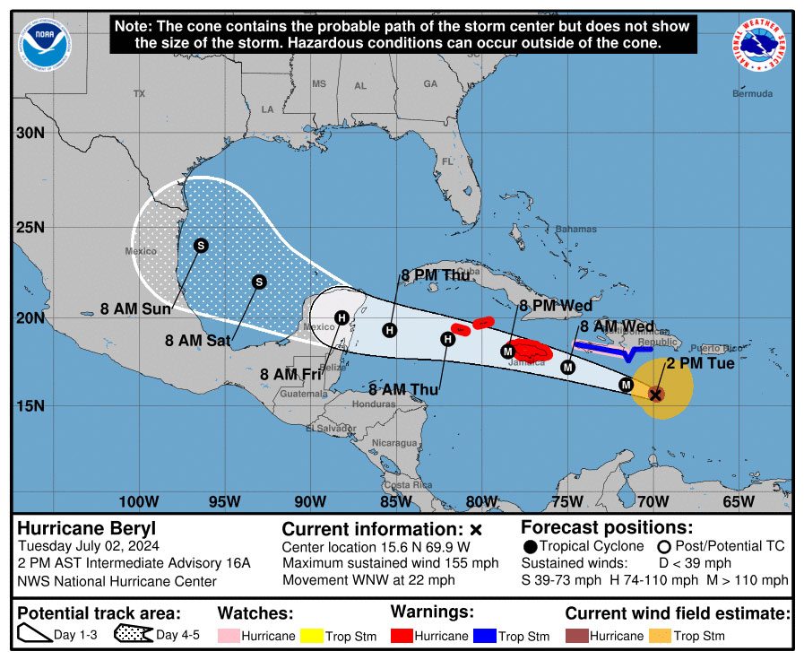 Hurricane Beryl hits Jamaica on Wednesday with wind speeds of 250 km/h and a life-threatening storm surge