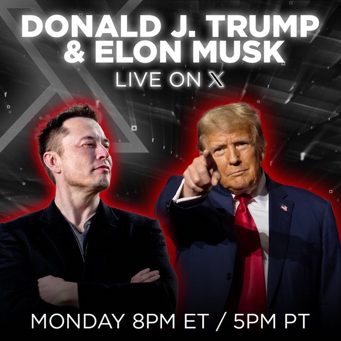 WATCH! Tech and space titan Elon Musk interviews former President Donald Trump tonight at 8pm live on X