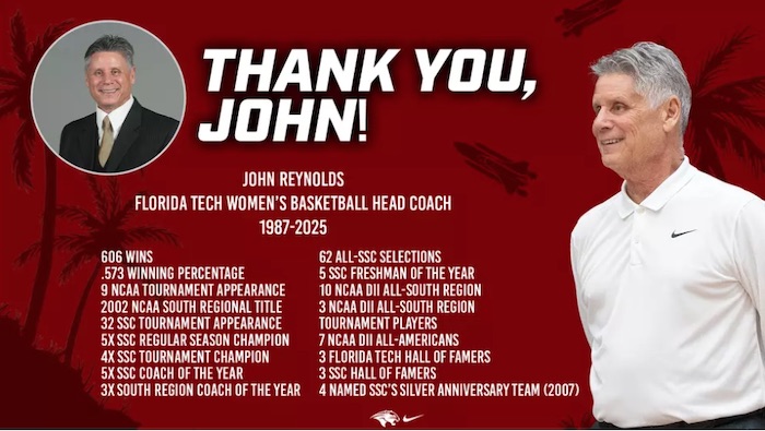 After 38 seasons with Florida Tech, the basketball coach of women, John Reynolds, announced retirement