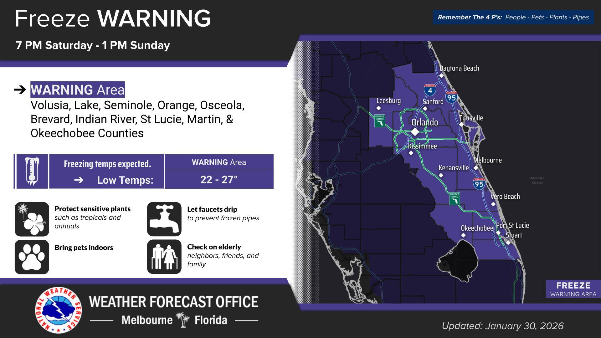 Brevard Under Freeze Warning: 50 MPH Wind Gusts, Temperatures in 20s Forecast Tonight into Sunday Morning