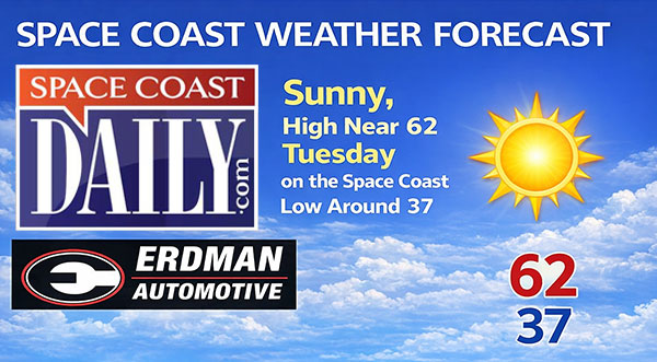 BREVARD WEATHER: Sunny, High Near 62 Tuesday on the Space Coast, Low Around 37