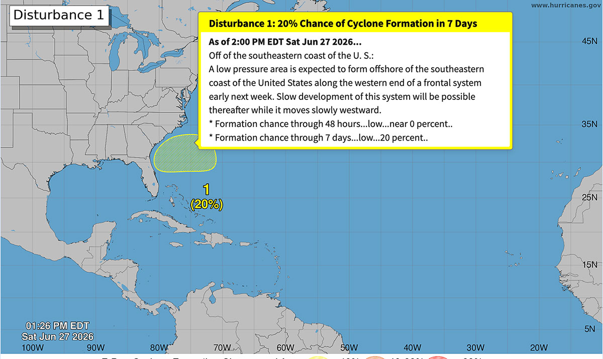 National Hurricane Center Monitoring Area Off Florida Coast With 20% Chance of Development