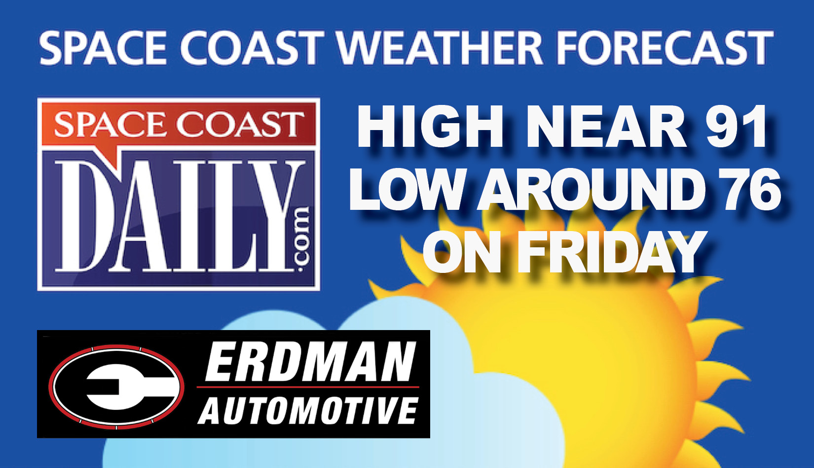 BREVARD WEATHER: Chance of Showers, With a High Near 91, Low of 76 Friday on the Space Coast