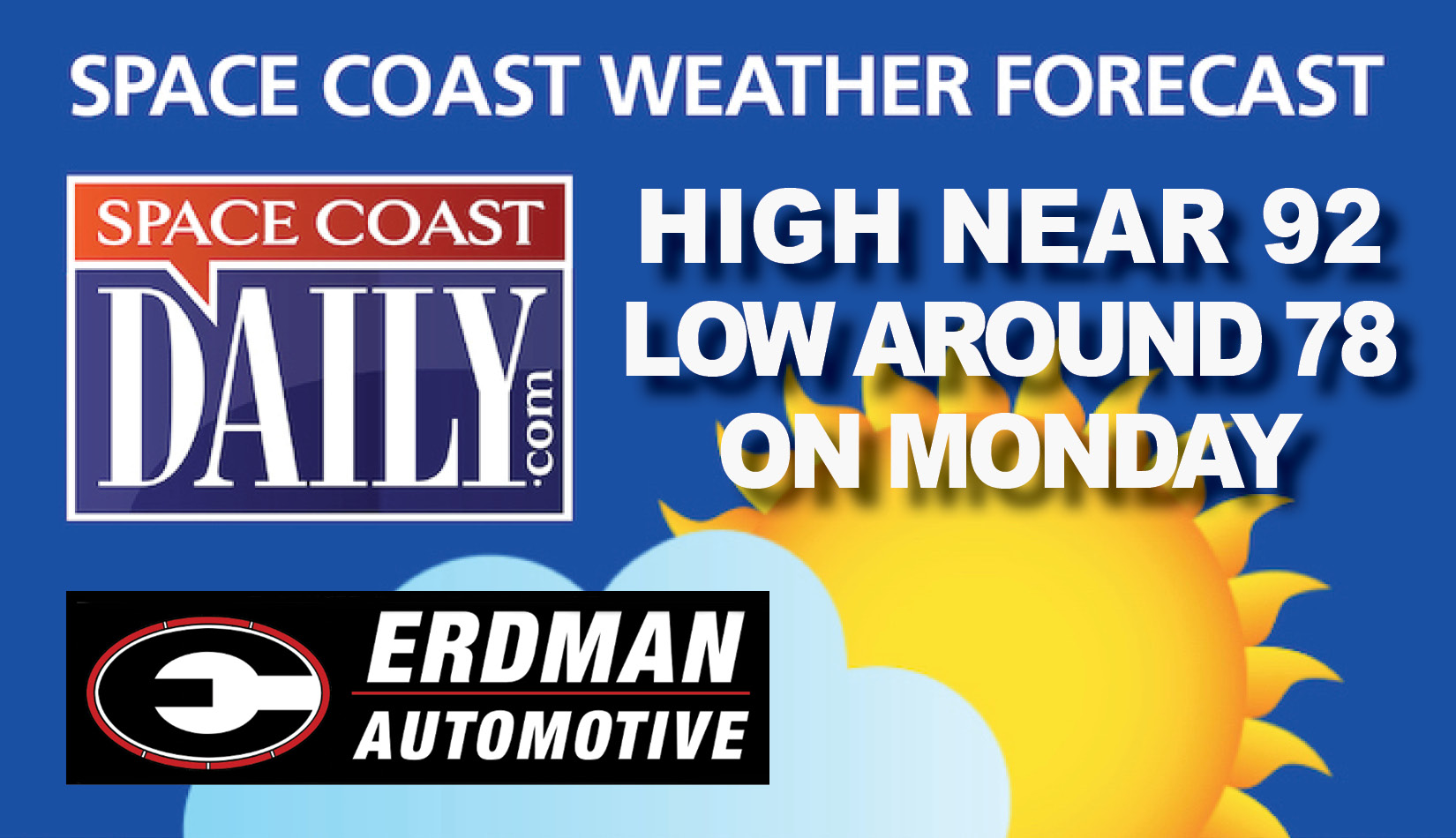 BREVARD WEATHER: Chance of Showers and Thunderstorms, High Near 92, Low of 78 Monday on the Space Coast