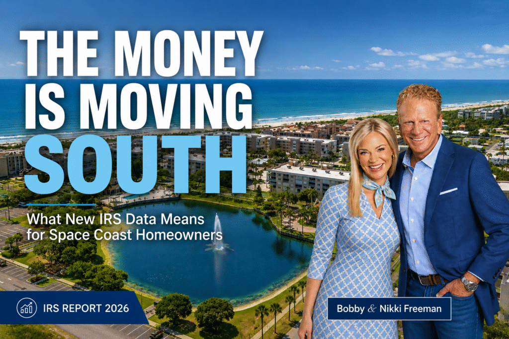 Bobby and Nikki Freeman discuss new IRS migration data showing continued income and wealth moving to Florida and what it means for Space Coast homeowners, waterfront homes, and condo values.