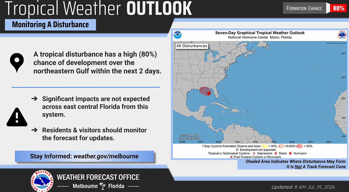 Tropical Disturbance in Northeast Gulf Now Has 80% Chance of Development, NHC Says