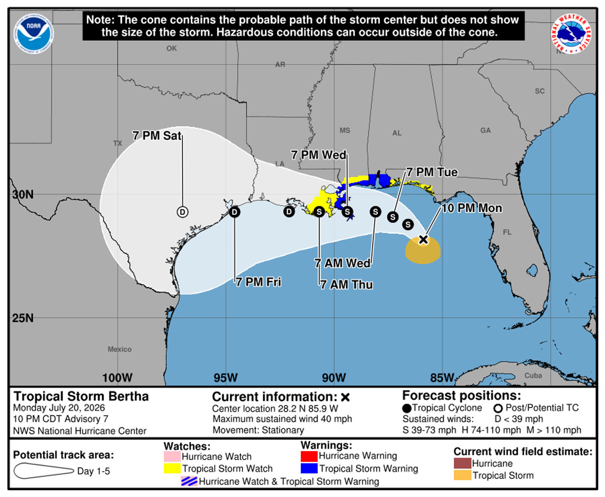 Tropical Storm Bertha Triggers Warnings Along Northern Gulf Coast
