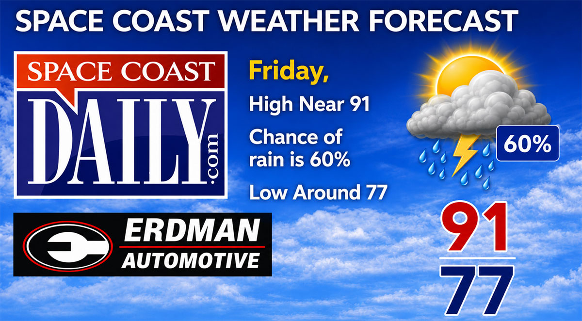BREVARD WEATHER: Partly Cloudy, High Near 91 Friday on the Space Coast with Low Around 77, Chance of Rain 60%