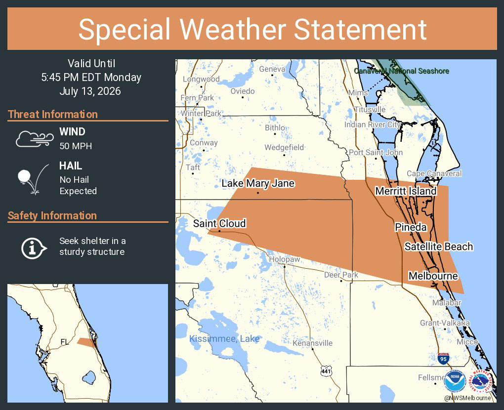 Special Weather Statement Issued for Melbourne, Merritt Island, and Saint Cloud Until 5:45 P.M.
