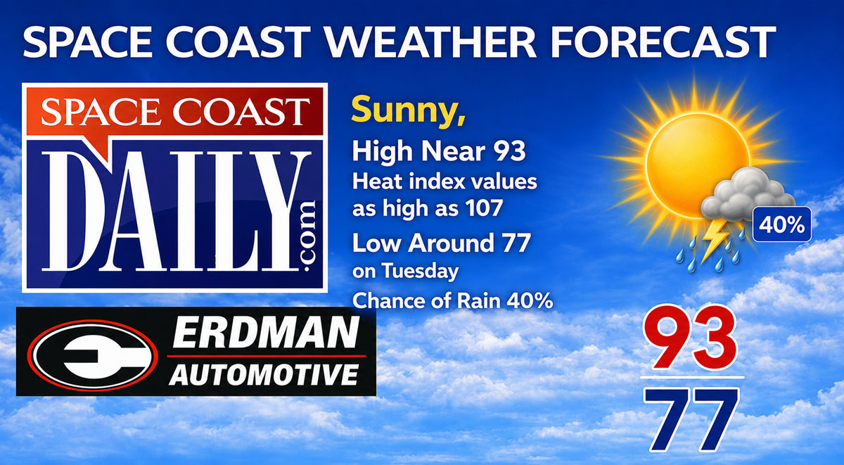 BREVARD WEATHER: Mostly Sunny, High Near 93 on the Space Coast with Low Around 77, Chance of Rain 40% on Tuesday