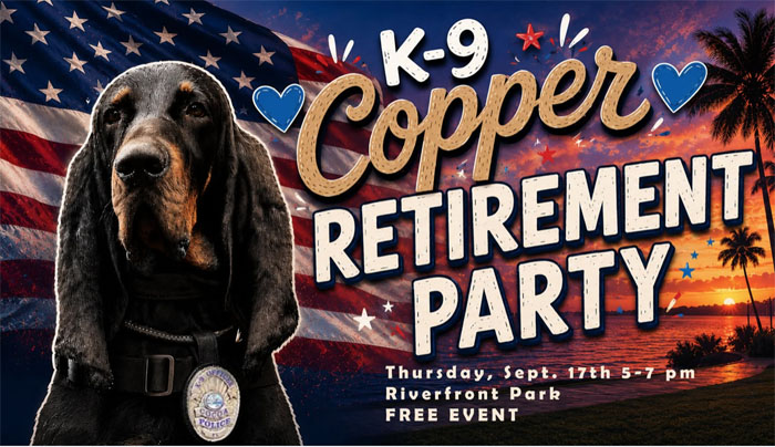 Cocoa Police to Honor Retiring K-9 Copper With Community Celebration at Riverfront Park Set for Sept. 17