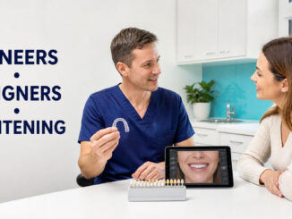 Clear aligner, tooth-shade guide and digital smile preview accompany a dentist-patient consultation about veneers, aligners and whitening in Newmarket.