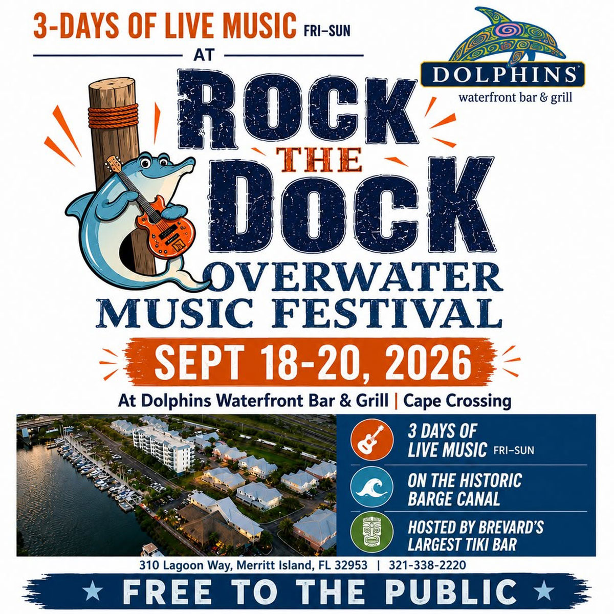 Rock the Dock Overwater Music Festival Returns to Merritt Island Sept. 18–20 at Dolphins Waterfront Bar & Grill