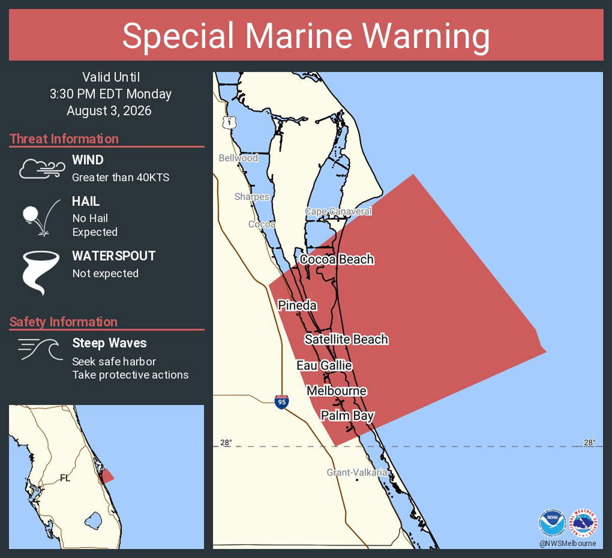Special Marine Warning Issued for Brevard County Coastal Waters Until 3:30 P.M.