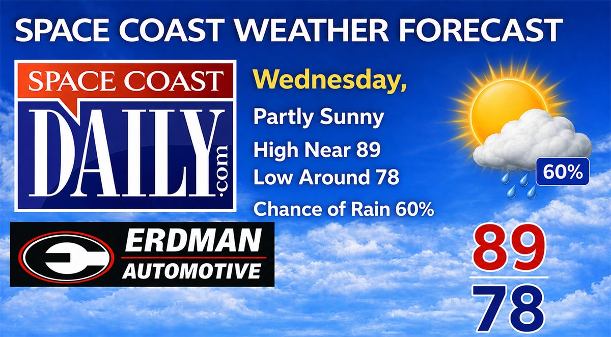 BREVARD WEATHER: Partly Sunny, High Near 89 with 60-Percent Chance of Rain on Wednesday