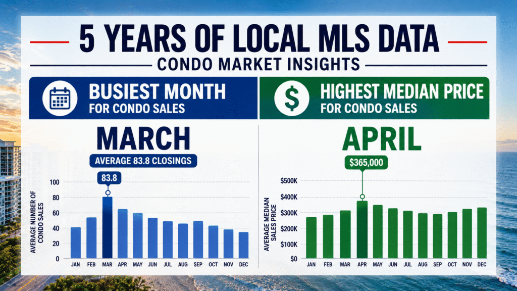 Brevard County five-year MLS data showing March as the busiest month for condo sales and April with the highest median sale price by Bobby Freeman