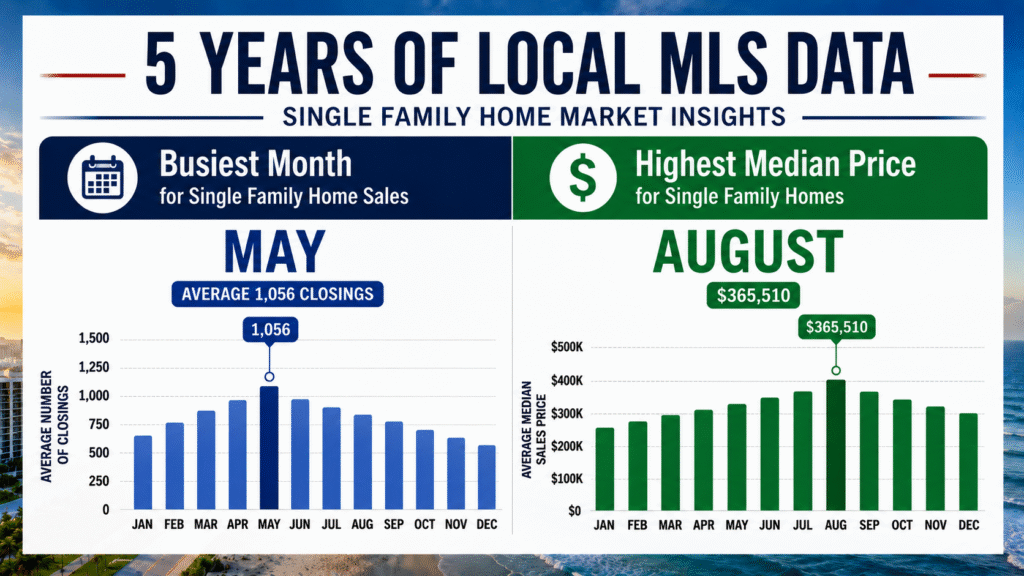 Brevard County five-year MLS data showing May as the busiest month for single-family home sales and August with the highest median price by Bobby Freeman