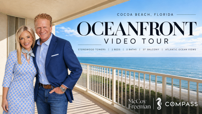 15th-floor oceanfront condo at Stonewood Towers, 830 N Atlantic Avenue B1507 in Cocoa Beach, Florida, featuring panoramic Atlantic Ocean views and McCoy Freeman Group at Compass.