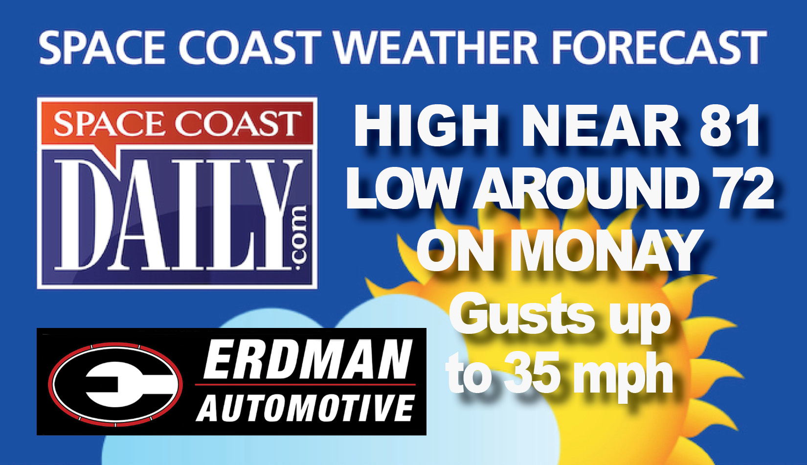 BREVARD WEATHER: Mostly Sunny, Wind Gusts Up to 35, High Near 81 Monday On the Space Coast